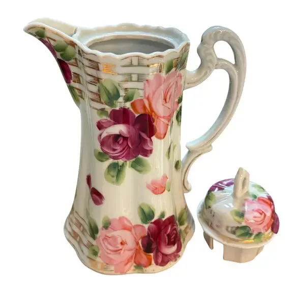 Vintage Hand Painted coffee tea pot & lid white porcelain pink & red roses